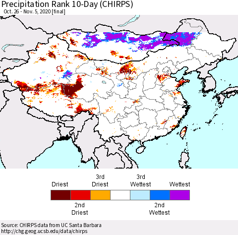 China, Mongolia and Taiwan Precipitation Rank since 1981, 10-Day (CHIRPS) Thematic Map For 10/26/2020 - 11/5/2020