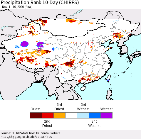 China, Mongolia and Taiwan Precipitation Rank since 1981, 10-Day (CHIRPS) Thematic Map For 11/1/2020 - 11/10/2020