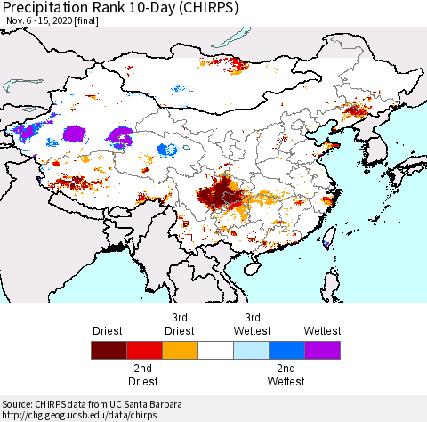 China, Mongolia and Taiwan Precipitation Rank since 1981, 10-Day (CHIRPS) Thematic Map For 11/6/2020 - 11/15/2020