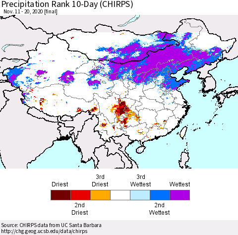 China, Mongolia and Taiwan Precipitation Rank since 1981, 10-Day (CHIRPS) Thematic Map For 11/11/2020 - 11/20/2020