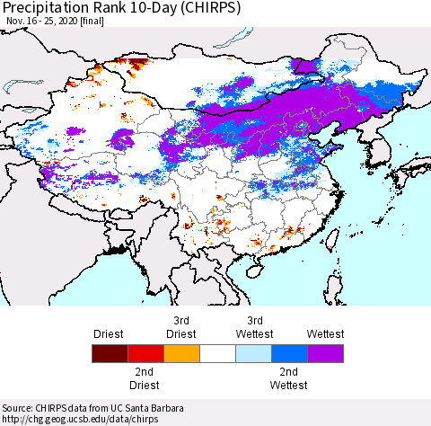 China, Mongolia and Taiwan Precipitation Rank since 1981, 10-Day (CHIRPS) Thematic Map For 11/16/2020 - 11/25/2020