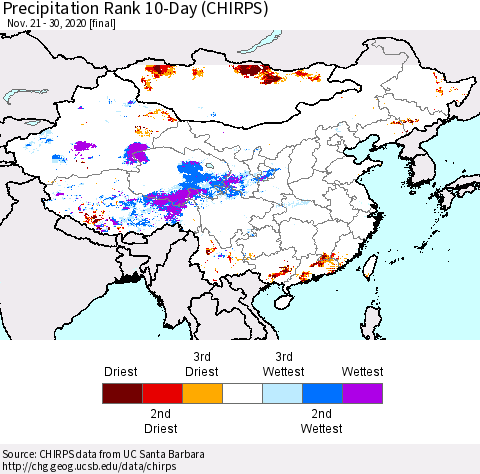 China, Mongolia and Taiwan Precipitation Rank since 1981, 10-Day (CHIRPS) Thematic Map For 11/21/2020 - 11/30/2020