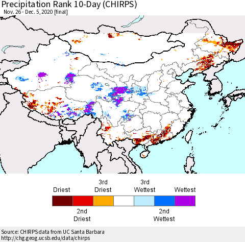 China, Mongolia and Taiwan Precipitation Rank since 1981, 10-Day (CHIRPS) Thematic Map For 11/26/2020 - 12/5/2020