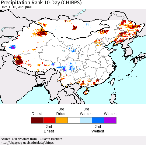 China, Mongolia and Taiwan Precipitation Rank since 1981, 10-Day (CHIRPS) Thematic Map For 12/1/2020 - 12/10/2020