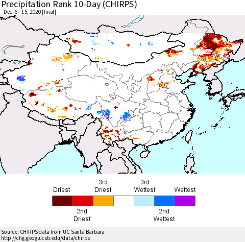 China, Mongolia and Taiwan Precipitation Rank since 1981, 10-Day (CHIRPS) Thematic Map For 12/6/2020 - 12/15/2020