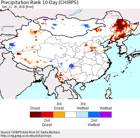China, Mongolia and Taiwan Precipitation Rank since 1981, 10-Day (CHIRPS) Thematic Map For 12/11/2020 - 12/20/2020