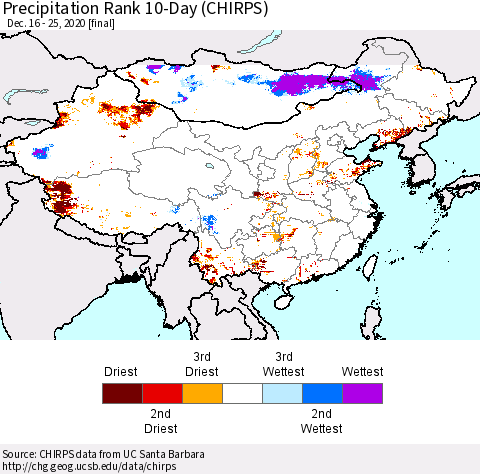 China, Mongolia and Taiwan Precipitation Rank since 1981, 10-Day (CHIRPS) Thematic Map For 12/16/2020 - 12/25/2020
