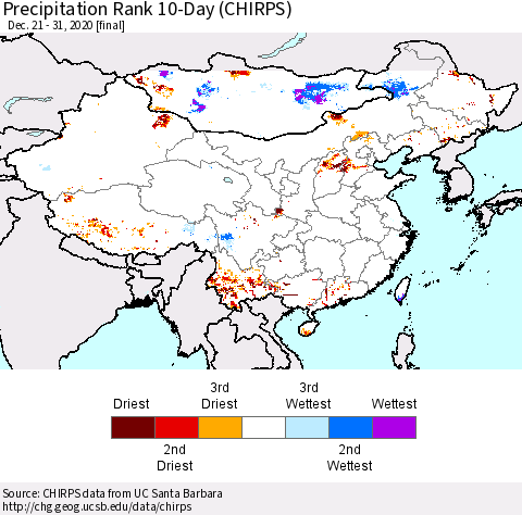 China, Mongolia and Taiwan Precipitation Rank since 1981, 10-Day (CHIRPS) Thematic Map For 12/21/2020 - 12/31/2020