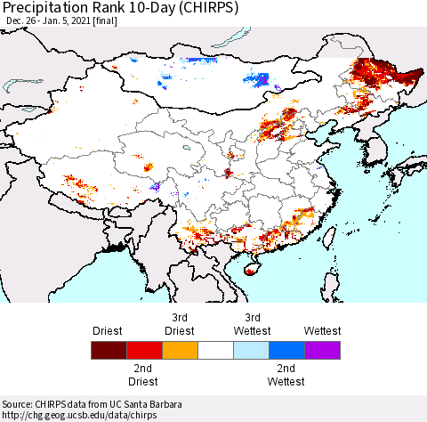 China, Mongolia and Taiwan Precipitation Rank since 1981, 10-Day (CHIRPS) Thematic Map For 12/26/2020 - 1/5/2021