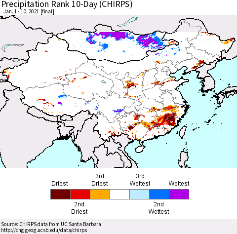 China, Mongolia and Taiwan Precipitation Rank since 1981, 10-Day (CHIRPS) Thematic Map For 1/1/2021 - 1/10/2021