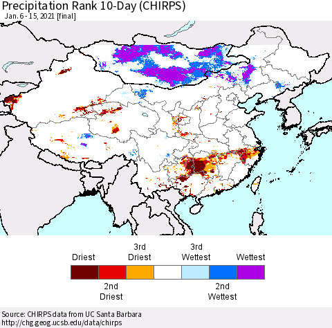 China, Mongolia and Taiwan Precipitation Rank since 1981, 10-Day (CHIRPS) Thematic Map For 1/6/2021 - 1/15/2021
