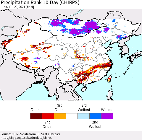 China, Mongolia and Taiwan Precipitation Rank since 1981, 10-Day (CHIRPS) Thematic Map For 1/11/2021 - 1/20/2021