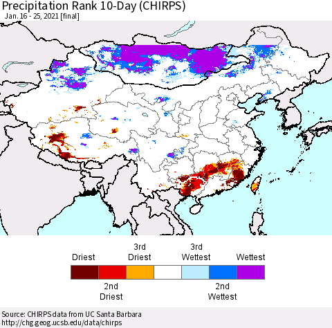 China, Mongolia and Taiwan Precipitation Rank since 1981, 10-Day (CHIRPS) Thematic Map For 1/16/2021 - 1/25/2021