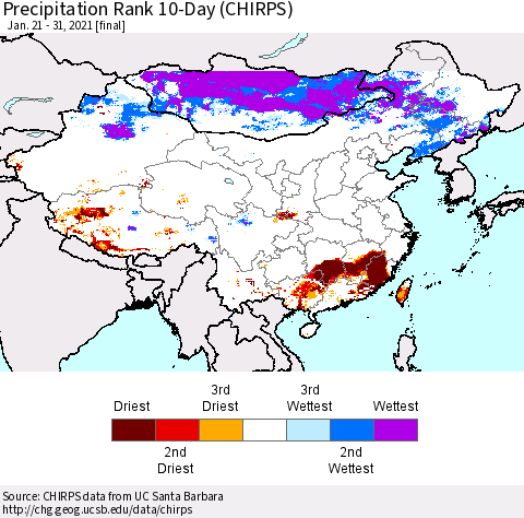 China, Mongolia and Taiwan Precipitation Rank since 1981, 10-Day (CHIRPS) Thematic Map For 1/21/2021 - 1/31/2021