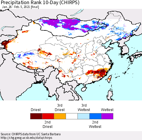 China, Mongolia and Taiwan Precipitation Rank since 1981, 10-Day (CHIRPS) Thematic Map For 1/26/2021 - 2/5/2021