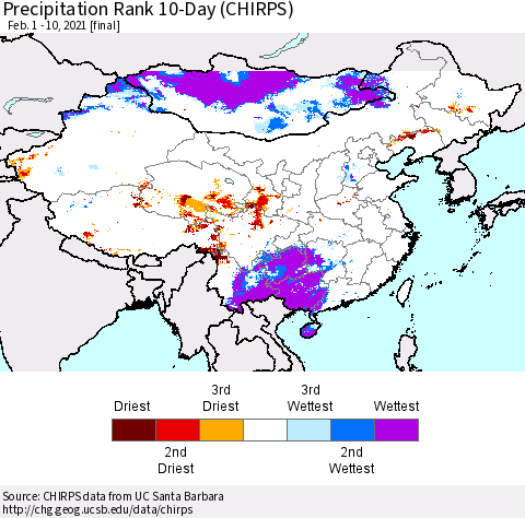 China, Mongolia and Taiwan Precipitation Rank since 1981, 10-Day (CHIRPS) Thematic Map For 2/1/2021 - 2/10/2021