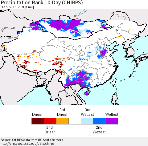 China, Mongolia and Taiwan Precipitation Rank since 1981, 10-Day (CHIRPS) Thematic Map For 2/6/2021 - 2/15/2021