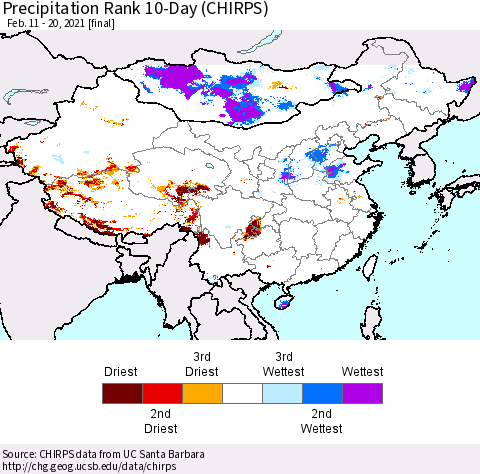 China, Mongolia and Taiwan Precipitation Rank since 1981, 10-Day (CHIRPS) Thematic Map For 2/11/2021 - 2/20/2021