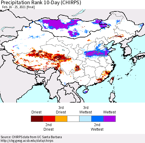 China, Mongolia and Taiwan Precipitation Rank since 1981, 10-Day (CHIRPS) Thematic Map For 2/16/2021 - 2/25/2021