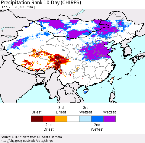 China, Mongolia and Taiwan Precipitation Rank since 1981, 10-Day (CHIRPS) Thematic Map For 2/21/2021 - 2/28/2021