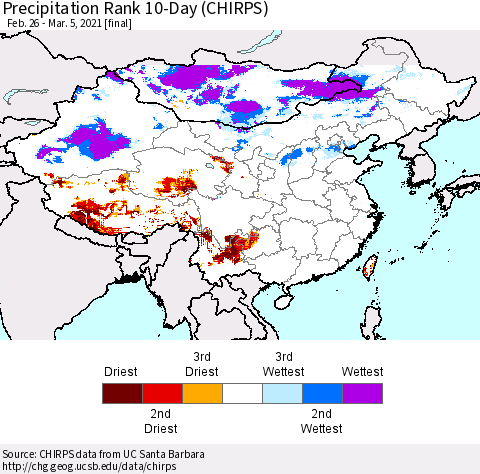 China, Mongolia and Taiwan Precipitation Rank since 1981, 10-Day (CHIRPS) Thematic Map For 2/26/2021 - 3/5/2021