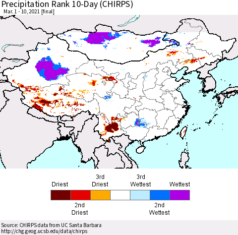 China, Mongolia and Taiwan Precipitation Rank since 1981, 10-Day (CHIRPS) Thematic Map For 3/1/2021 - 3/10/2021