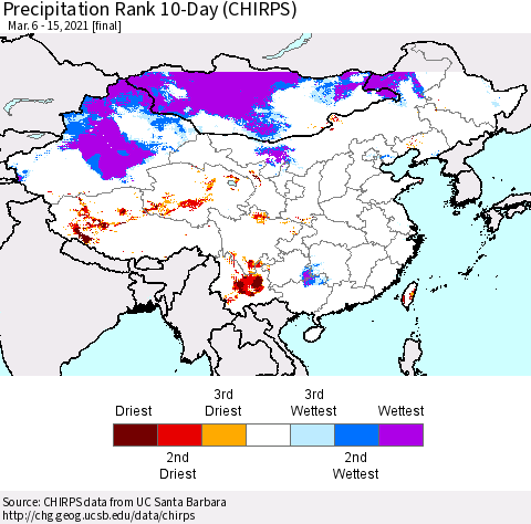 China, Mongolia and Taiwan Precipitation Rank since 1981, 10-Day (CHIRPS) Thematic Map For 3/6/2021 - 3/15/2021