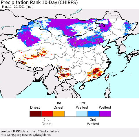 China, Mongolia and Taiwan Precipitation Rank since 1981, 10-Day (CHIRPS) Thematic Map For 3/11/2021 - 3/20/2021