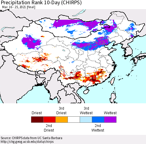 China, Mongolia and Taiwan Precipitation Rank since 1981, 10-Day (CHIRPS) Thematic Map For 3/16/2021 - 3/25/2021