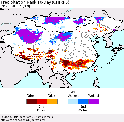 China, Mongolia and Taiwan Precipitation Rank since 1981, 10-Day (CHIRPS) Thematic Map For 3/21/2021 - 3/31/2021