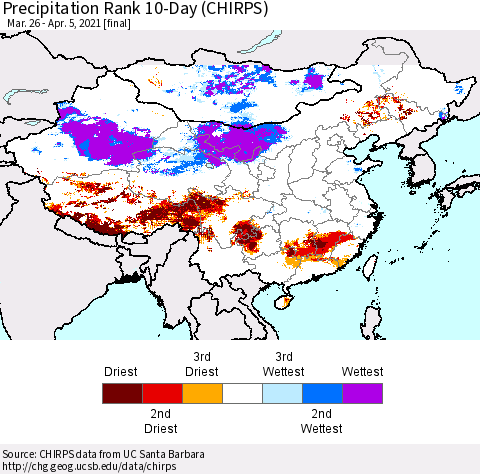 China, Mongolia and Taiwan Precipitation Rank since 1981, 10-Day (CHIRPS) Thematic Map For 3/26/2021 - 4/5/2021