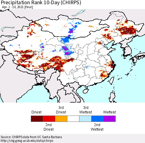 China, Mongolia and Taiwan Precipitation Rank since 1981, 10-Day (CHIRPS) Thematic Map For 4/1/2021 - 4/10/2021