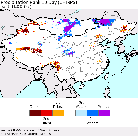 China, Mongolia and Taiwan Precipitation Rank since 1981, 10-Day (CHIRPS) Thematic Map For 4/6/2021 - 4/15/2021