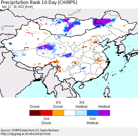 China, Mongolia and Taiwan Precipitation Rank since 1981, 10-Day (CHIRPS) Thematic Map For 4/11/2021 - 4/20/2021