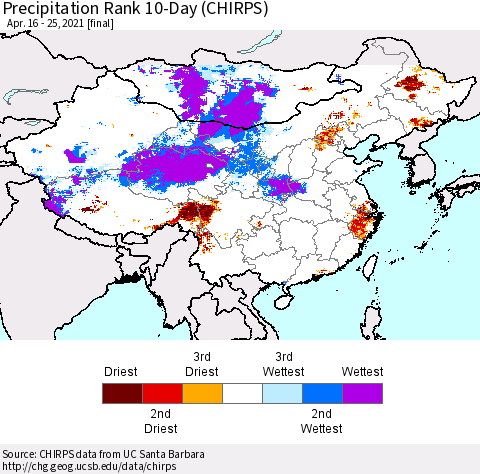 China, Mongolia and Taiwan Precipitation Rank since 1981, 10-Day (CHIRPS) Thematic Map For 4/16/2021 - 4/25/2021
