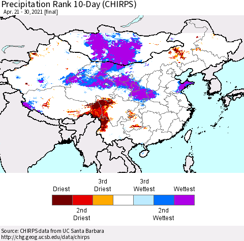 China, Mongolia and Taiwan Precipitation Rank since 1981, 10-Day (CHIRPS) Thematic Map For 4/21/2021 - 4/30/2021