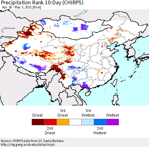 China, Mongolia and Taiwan Precipitation Rank since 1981, 10-Day (CHIRPS) Thematic Map For 4/26/2021 - 5/5/2021