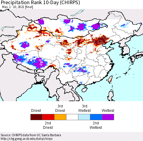 China, Mongolia and Taiwan Precipitation Rank since 1981, 10-Day (CHIRPS) Thematic Map For 5/1/2021 - 5/10/2021