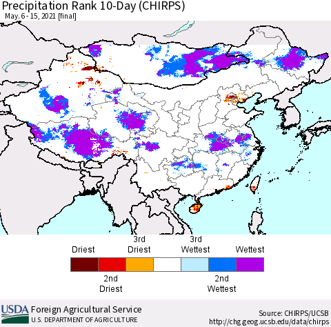 China, Mongolia and Taiwan Precipitation Rank since 1981, 10-Day (CHIRPS) Thematic Map For 5/6/2021 - 5/15/2021