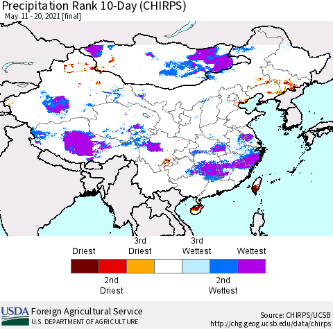 China, Mongolia and Taiwan Precipitation Rank since 1981, 10-Day (CHIRPS) Thematic Map For 5/11/2021 - 5/20/2021