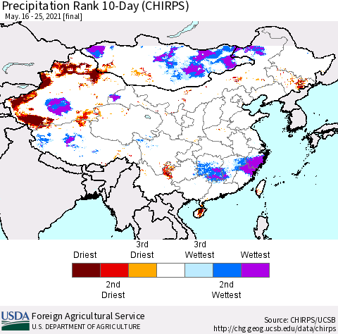 China, Mongolia and Taiwan Precipitation Rank since 1981, 10-Day (CHIRPS) Thematic Map For 5/16/2021 - 5/25/2021