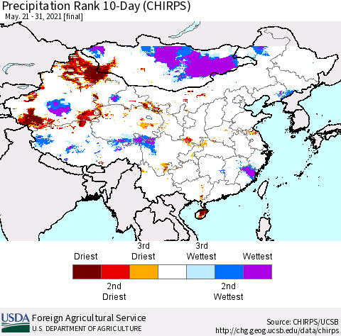 China, Mongolia and Taiwan Precipitation Rank since 1981, 10-Day (CHIRPS) Thematic Map For 5/21/2021 - 5/31/2021