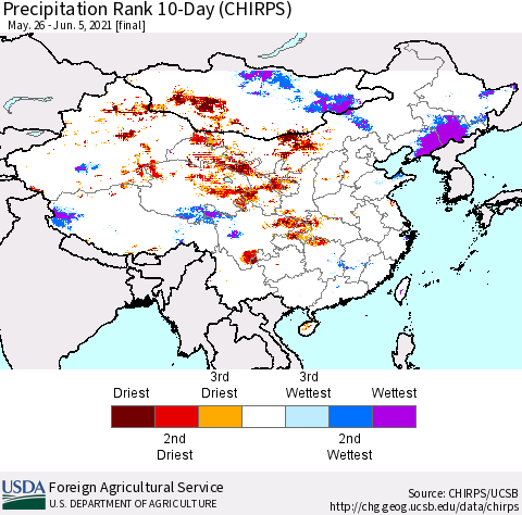 China, Mongolia and Taiwan Precipitation Rank since 1981, 10-Day (CHIRPS) Thematic Map For 5/26/2021 - 6/5/2021