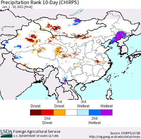 China, Mongolia and Taiwan Precipitation Rank since 1981, 10-Day (CHIRPS) Thematic Map For 6/1/2021 - 6/10/2021