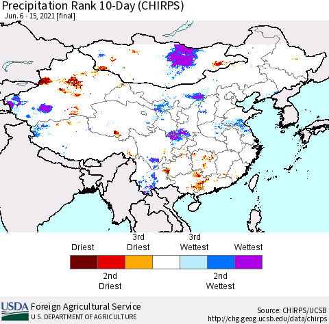 China, Mongolia and Taiwan Precipitation Rank since 1981, 10-Day (CHIRPS) Thematic Map For 6/6/2021 - 6/15/2021
