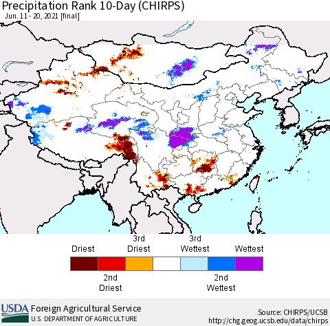 China, Mongolia and Taiwan Precipitation Rank since 1981, 10-Day (CHIRPS) Thematic Map For 6/11/2021 - 6/20/2021