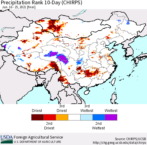 China, Mongolia and Taiwan Precipitation Rank since 1981, 10-Day (CHIRPS) Thematic Map For 6/16/2021 - 6/25/2021