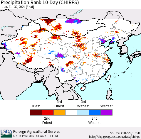 China, Mongolia and Taiwan Precipitation Rank since 1981, 10-Day (CHIRPS) Thematic Map For 6/21/2021 - 6/30/2021