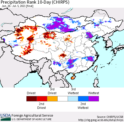 China, Mongolia and Taiwan Precipitation Rank since 1981, 10-Day (CHIRPS) Thematic Map For 6/26/2021 - 7/5/2021