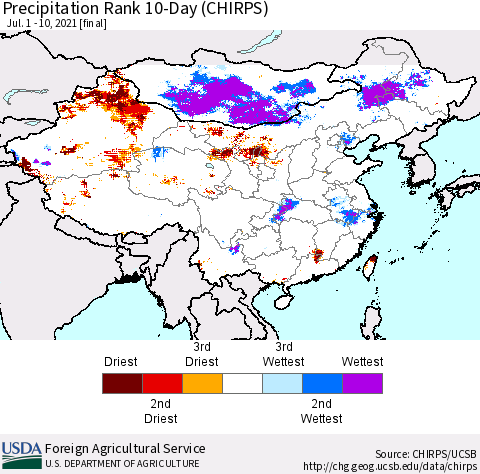 China, Mongolia and Taiwan Precipitation Rank since 1981, 10-Day (CHIRPS) Thematic Map For 7/1/2021 - 7/10/2021